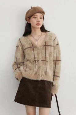 Fuzzy Plaid Cardigan With Pearl Buttons -Modern Wear Shop 23e5579eaf9efbdfb668e30f3755c8fb