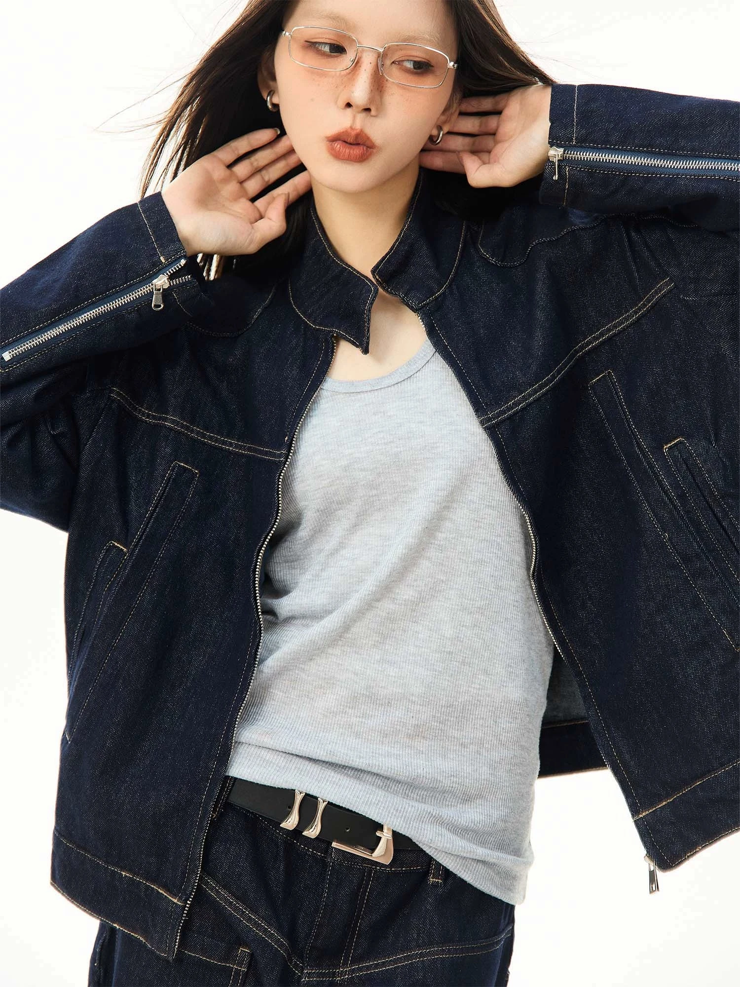 Oversized Contrast Stitch Denim Zip Jacket 10 Oversized Contrast Stitch Denim Zip Jacket - Image 10
