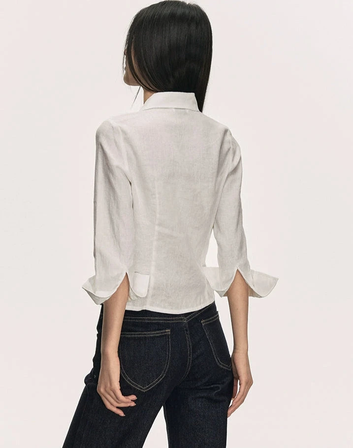Linen Button-Up Collared Shirt With Cropped Sleeves 3 Linen Button-Up Collared Shirt With Cropped Sleeves - Image 3