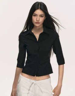 Skinny Button-Up Collared Shirt With Cropped Sleeves -Modern Wear Shop 245268d4415831cbe59e09af88f5ee55