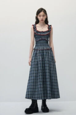 Smocked Plaid Maxi Dress With Ruffle Trim -Modern Wear Shop 24940e5f4a7bf78d2a39e243df1a79a6