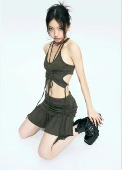 Tie-Up Crop Top And Ruffled Skirt Three-Piece Set -Modern Wear Shop 250f9722083b5ec6080e6caaa5ee8724