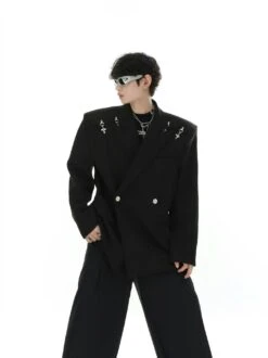 Oversized Double-Breasted Blazer With Peak Lapels And Silver Accents