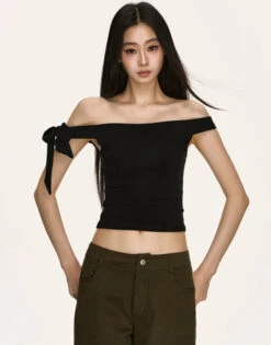 Off Shoulder Ribbed Knit Top With Side Bow Detail -Modern Wear Shop 25def4e6fa1a9ca30ac9b7f30c78541e