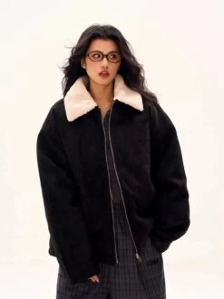 Oversized Contrast Shearling Collar Zip Jacket -Modern Wear Shop 25df9868277534904881cf48a0d6302d