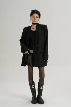 Oversized Boxy Double-Breasted Blazer With Skinny Neck Tie -Modern Wear Shop 260013228fb01ffd9917a81ce41a5908