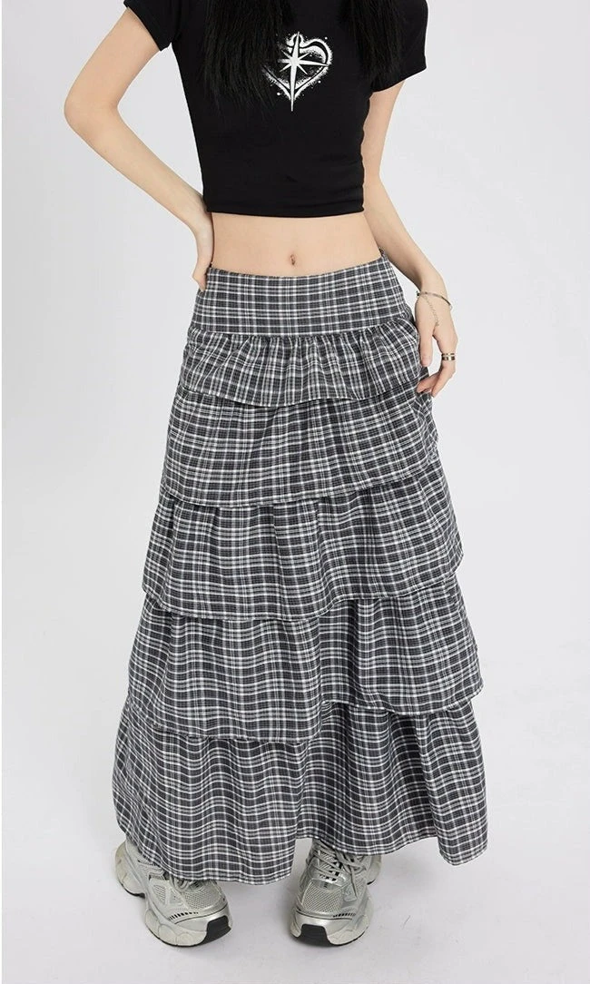 Layered Plaid Maxi Skirt With Ruffle Detail 3 Layered Plaid Maxi Skirt With Ruffle Detail - Image 3