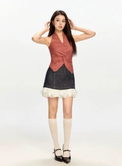 Gingham Front Twist Halter Top With Asymmetric Hem -Modern Wear Shop 269f7fb7f8bcb3d58830b06a3033bb45