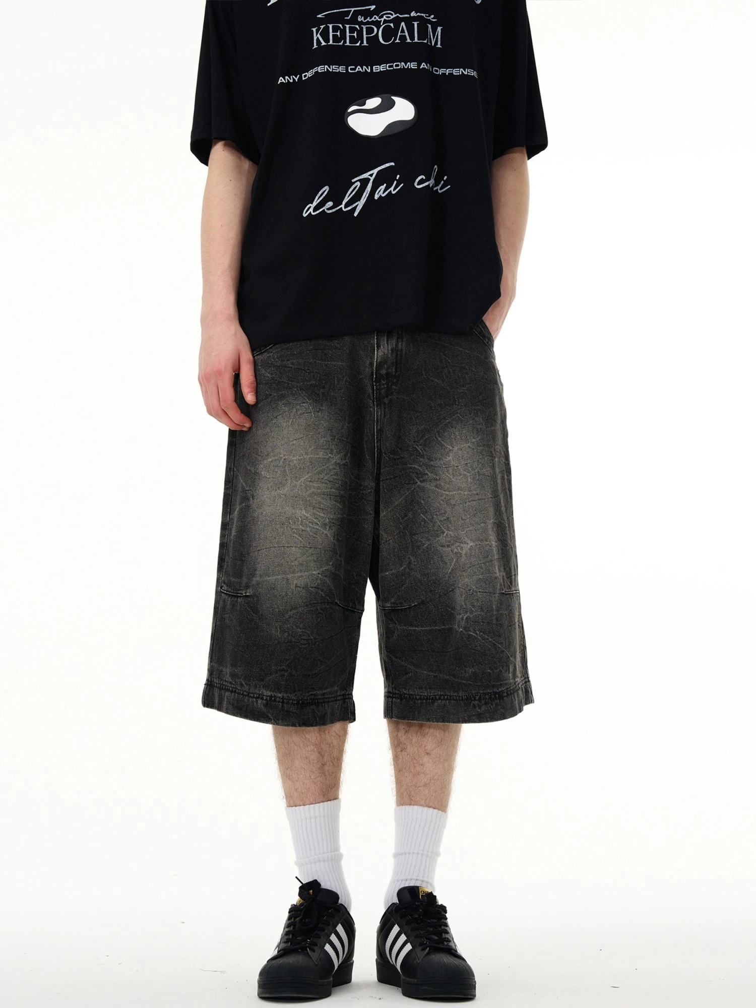 Slim Faded Denim Knee-Length Straight Shorts 3 Slim Faded Denim Knee-Length Straight Shorts - Image 3