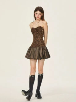 Leopard Print Strapless Mini Dress With Satin Bubble Hem Detailing -Modern Wear Shop 270dca706cfac72f71c241f6bd94eca3