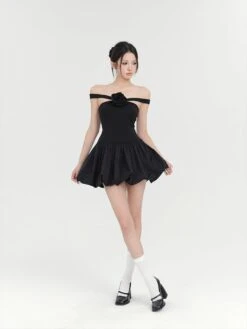 Off-Shoulder Balloon Mini Dress With Floral Accent -Modern Wear Shop 2715fca0837434810cce8bc68d36de40