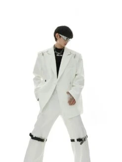 Oversized Double-Breasted Blazer With Peak Lapels And Silver Accents -Modern Wear Shop 278ed255a972b0f7f2d1cbf96f79ae1b