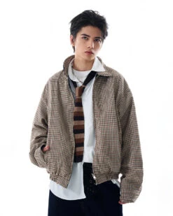 Oversized Houndstooth Reversible Zip Jacket With Elastic Trim