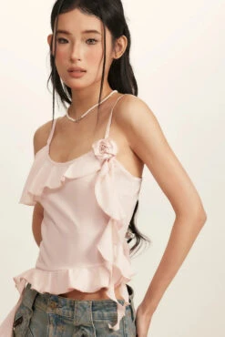 Spaghetti Strap Ruffle Trim Top With Floral Accent -Modern Wear Shop 27dced179cc5a9f7016a7f78c8010da3