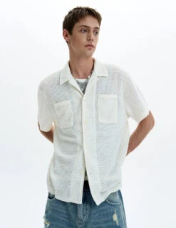 Textured Open-Knit Short Sleeve Button-Up Shirt With Patch Pockets -Modern Wear Shop 27fa54ecf69ddf718baca57544010870