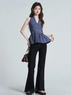 Plaid Smocked Halter Top With Tie Back And Peplum Hem -Modern Wear Shop 28450f46ba30054fcbff8c15dd0c6f1f