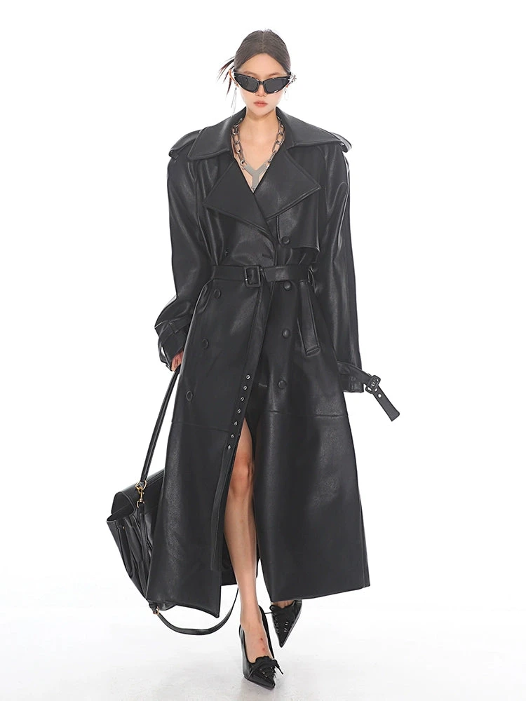 Oversized Belted Faux Leather Coat With Wide Lapels 2 Oversized Belted Faux Leather Coat With Wide Lapels - Image 2