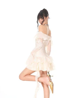 Off-Shoulder Tiered Ruffle Mesh Long Sleeve Mini Dress -Modern Wear Shop 284a4ed162581c71675572aab8973b0f