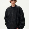 Oversized Distressed Faux Leather Bomber Jacket With Sleeve Pocket