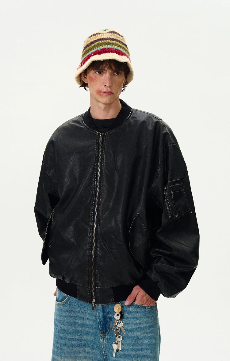 Oversized Distressed Faux Leather Bomber Jacket With Sleeve Pocket 1 Oversized Distressed Faux Leather Bomber Jacket With Sleeve Pocket