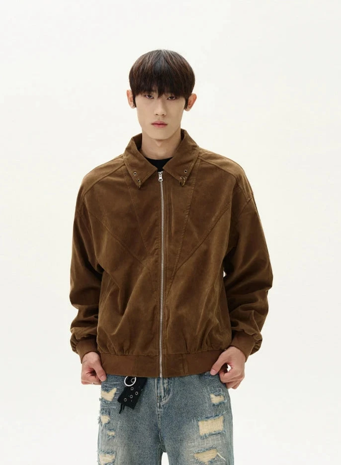 Suede Bomber Jacket With Collar Rings Detail 1 Suede Bomber Jacket With Collar Rings Detail