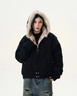 Oversized Faux Fur Lined Zip Jacket With Elastic Hem
