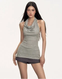 Ribbed Cowl Neck Halter Top With Open Back