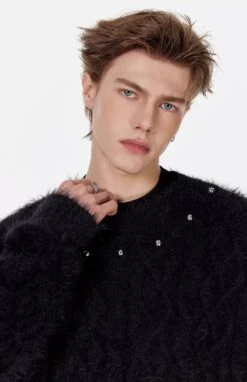 Studded Crew Neck Fuzzy Cable Knit Sweater -Modern Wear Shop 29fd207c7243c772259bedf48e24c874