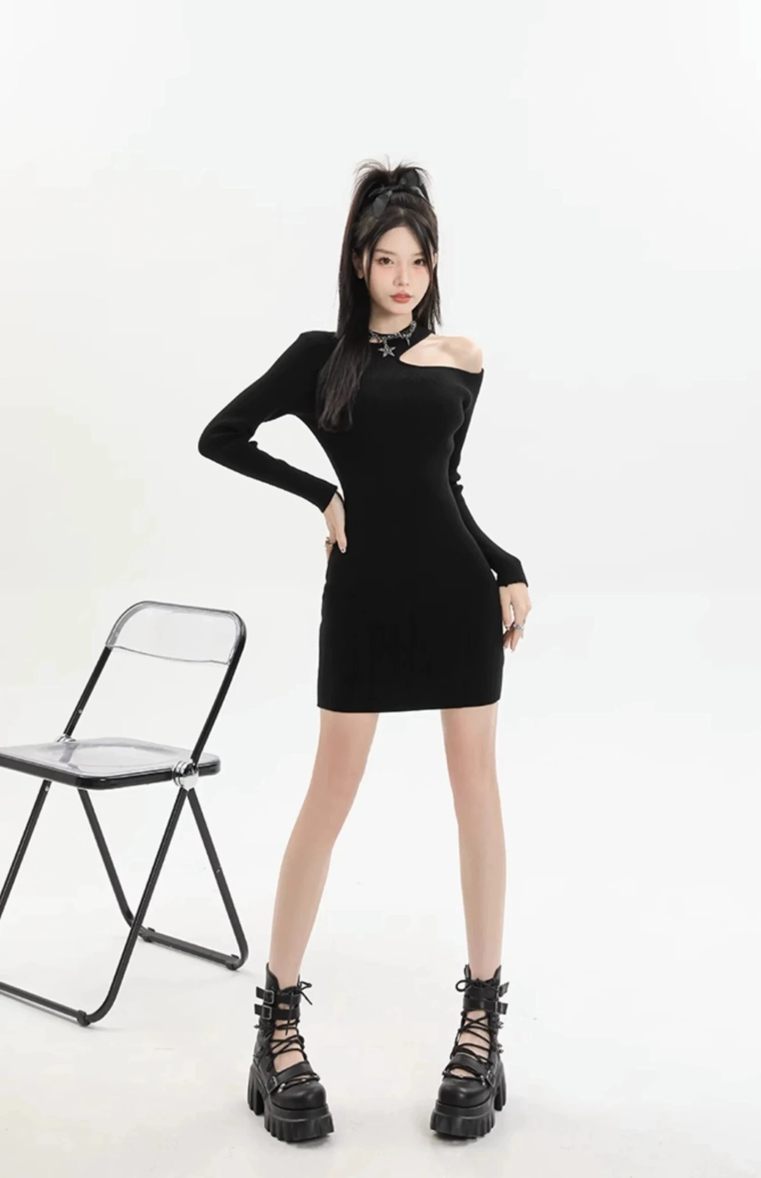 Asymmetric Collar Long Sleeve Bodycon Mini Dress 13 Asymmetric Collar Long Sleeve Bodycon Mini Dress - Image 13
