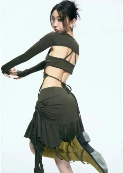 Tie-Up Crop Top And Ruffled Skirt Three-Piece Set -Modern Wear Shop 2afe34c20e7b5376bd856628600302e4