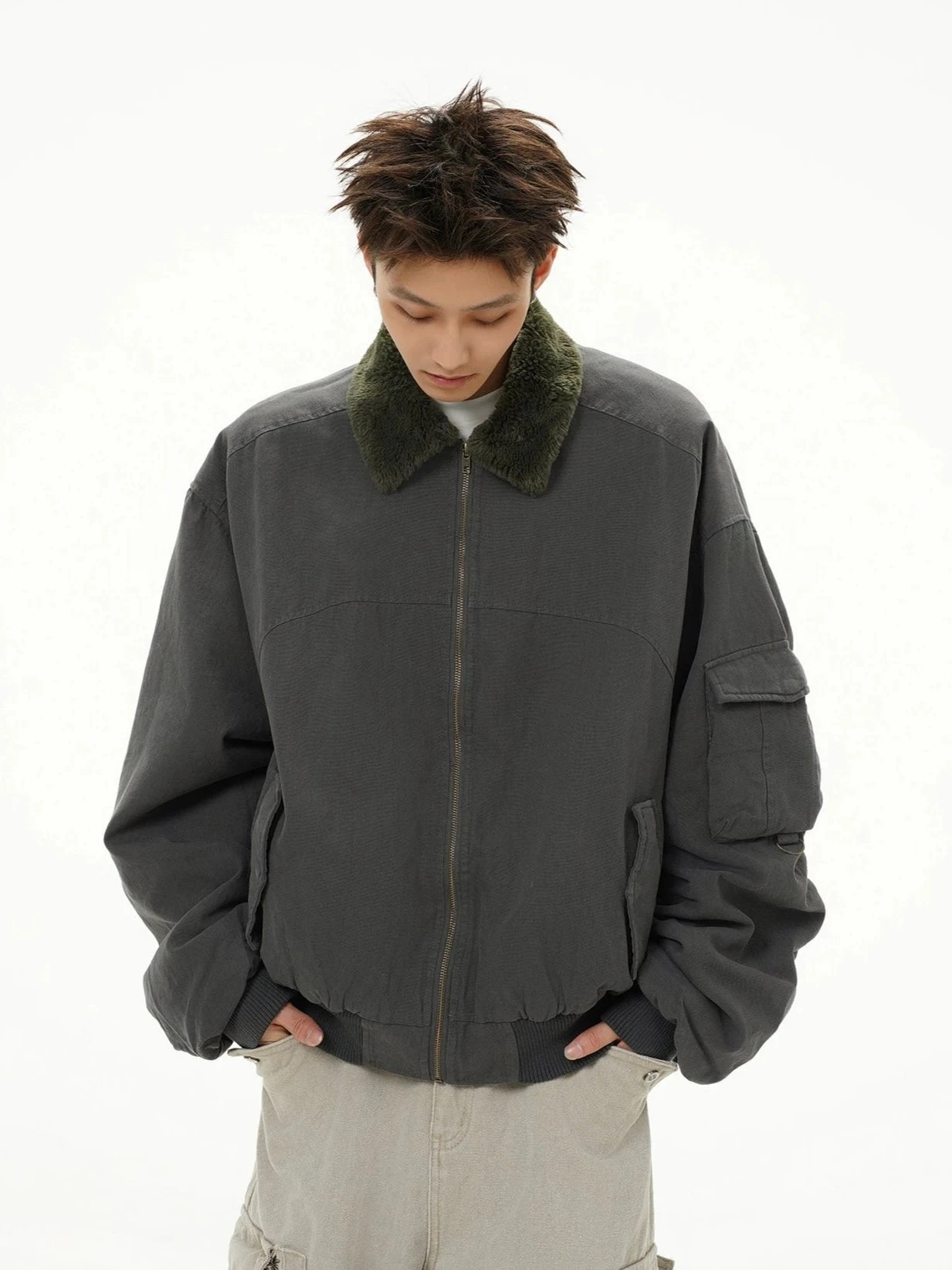 Fleece Lined Collar Zip-Up Bomber Jacket 4 Fleece Lined Collar Zip-Up Bomber Jacket - Image 4