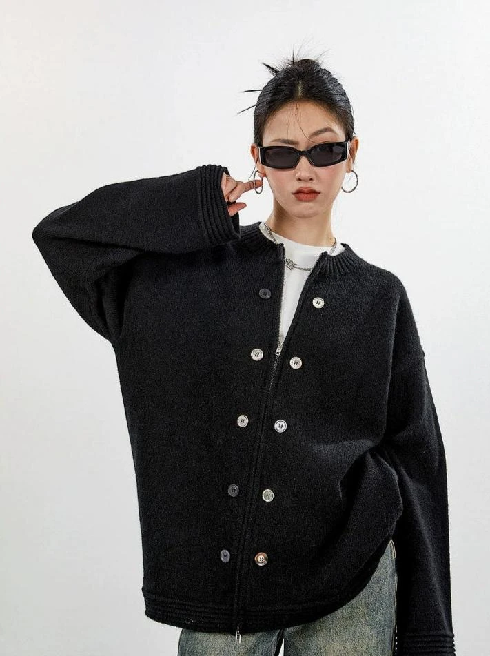 Ribbed Trim Zip-up Cardigan With Button Details 12 Ribbed Trim Zip-up Cardigan With Button Details - Image 12