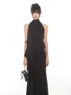 Backless Halter Neck Top And Flare Maxi Skirt Two-Piece Set -Modern Wear Shop 2b1b3df3189748f03bc4eb54a352d4ec