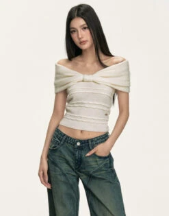 Off Shoulder Bow Knit Top And Textured Stripes -Modern Wear Shop 2b54c774c756c8e5b74baa7676d7891d
