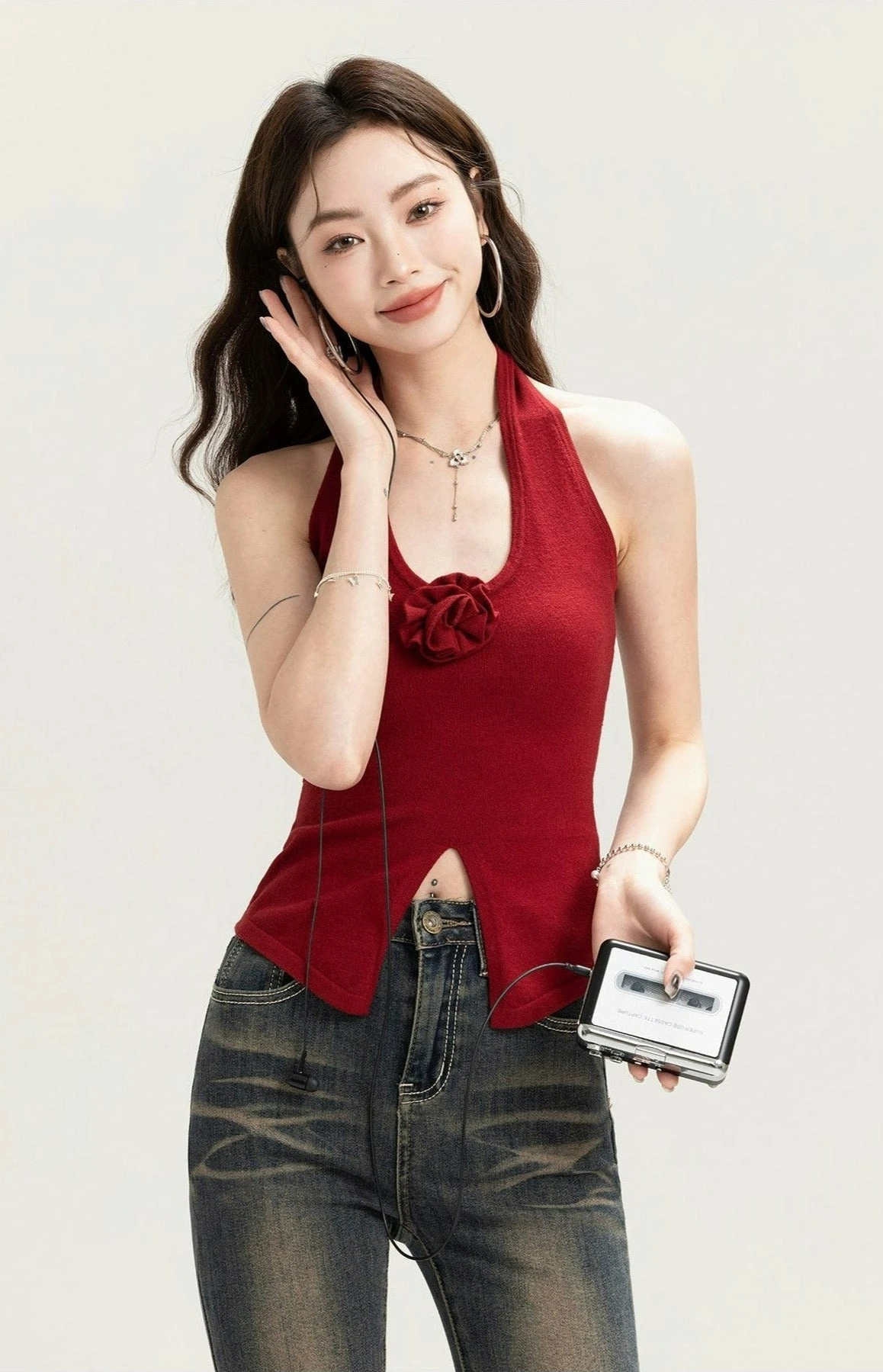 Sleeveless Halter Top With Front Rose Detail 2 Sleeveless Halter Top With Front Rose Detail - Image 2