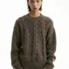 Cable Knit Crewneck Ribbed High-Hem Sweater