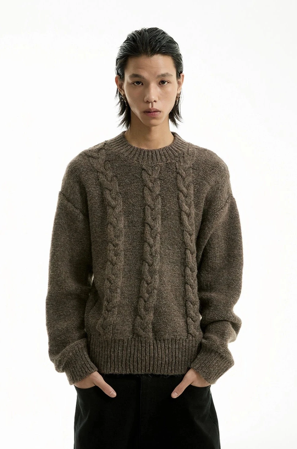 Cable Knit Crewneck Ribbed High-Hem Sweater 1 Cable Knit Crewneck Ribbed High-Hem Sweater