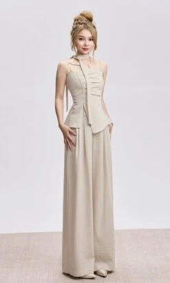 Adjustable Strap Ruched Top With Side Slit And Wide Leg Pleated Pants Two-Piece Set -Modern Wear Shop 2bff68ece4c6b488e4a2826ef4a968c4