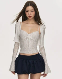 Floral Cami Top With Adjustable Strap And Flare Sleeve Crop Cardigan Two-Piece Set