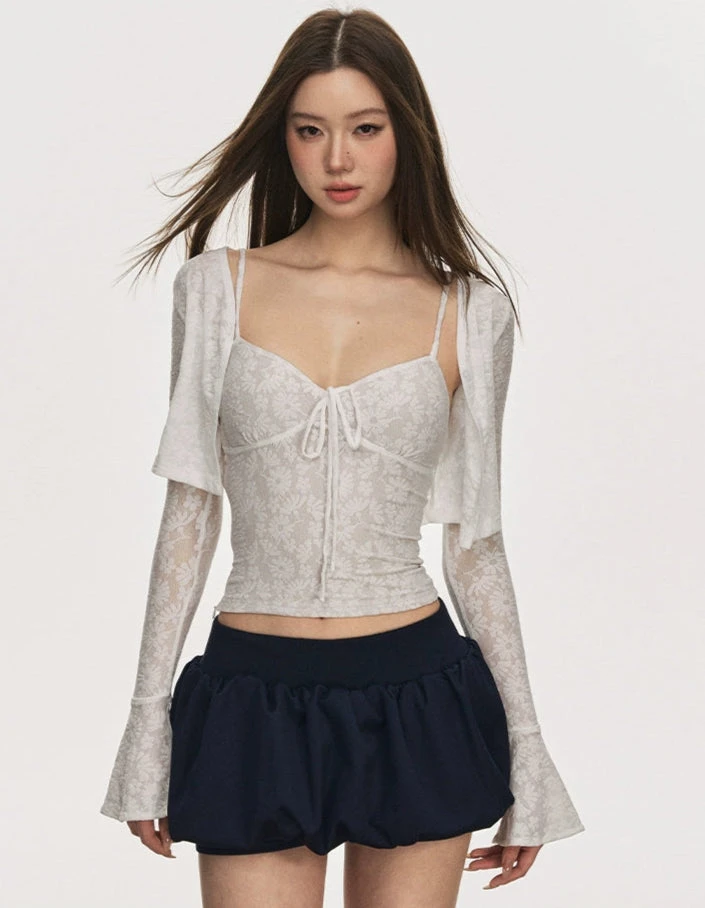 Floral Cami Top With Adjustable Strap And Flare Sleeve Crop Cardigan Two-Piece Set 1 Floral Cami Top With Adjustable Strap And Flare Sleeve Crop Cardigan Two-Piece Set