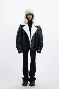 Oversized Faux Leather Jacket With Sherpa Lining And Trim -Modern Wear Shop 2c4a47729d80aee8b83397cea6035327
