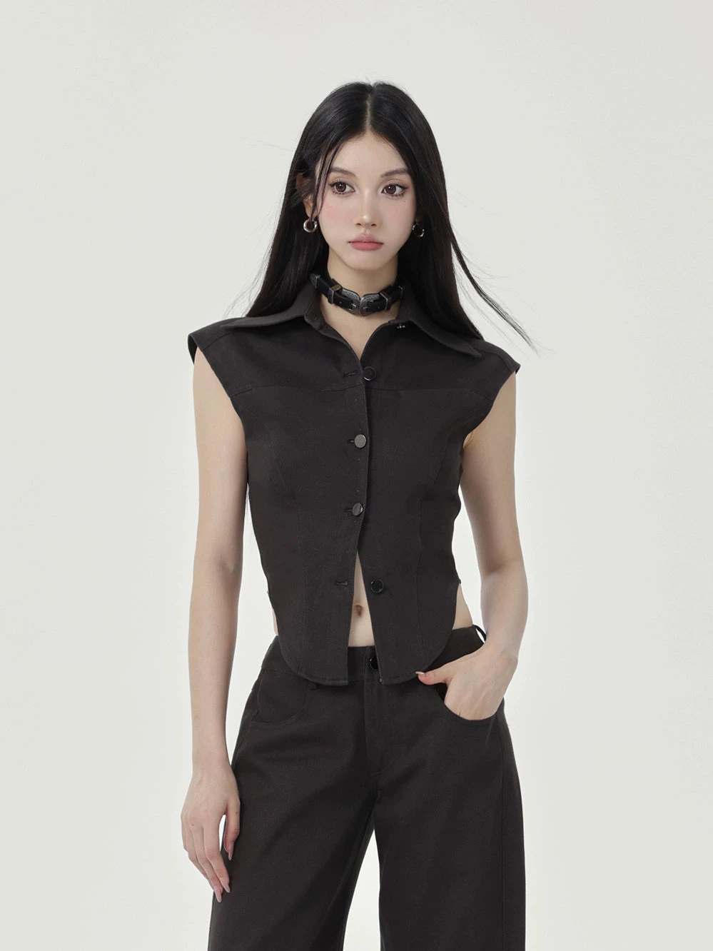 Sleeveless Collared Button-Up Waistcoat Top 1 Sleeveless Collared Button-Up Waistcoat Top