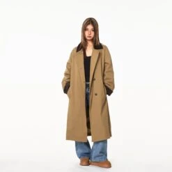 Contrast Corduroy Collar Oversized Single-Breasted Trench Coat With