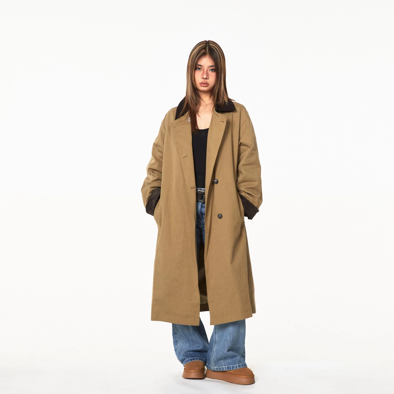 Contrast Corduroy Collar Oversized Single-Breasted Trench Coat With 1 Contrast Corduroy Collar Oversized Single-Breasted Trench Coat With