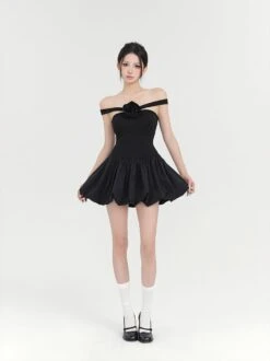 Off-Shoulder Balloon Mini Dress With Floral Accent