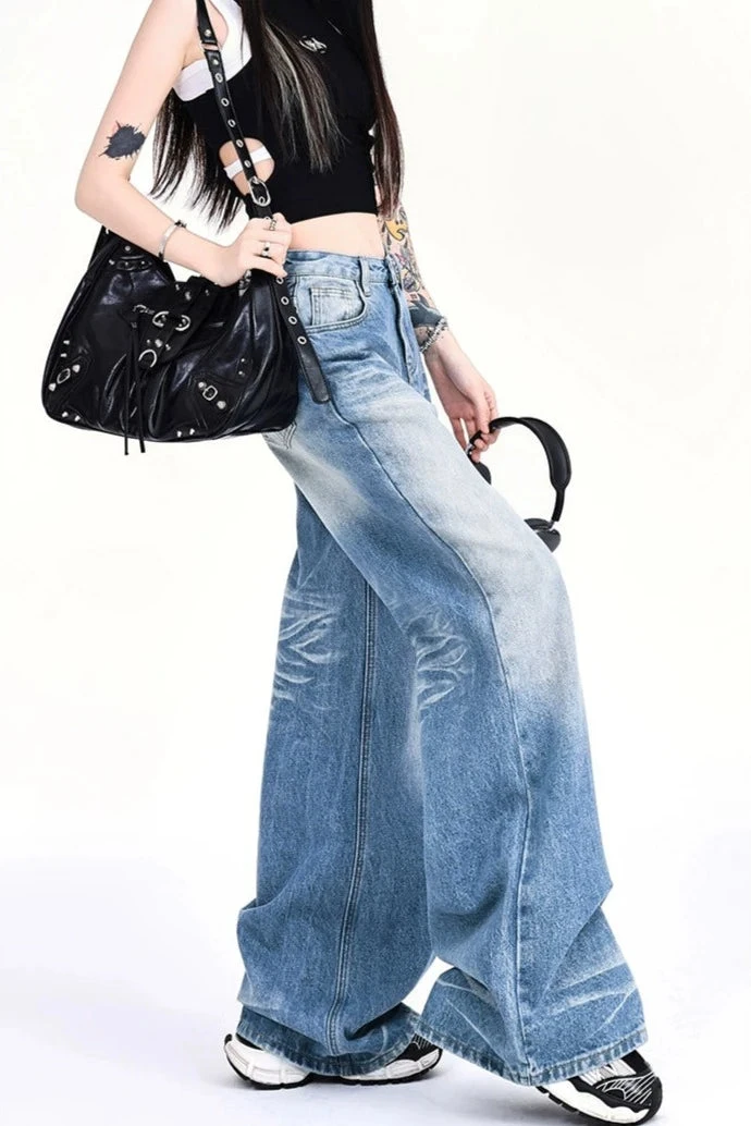 Vintage Faded Washed Wide-Leg Denim Jeans 5 Vintage Faded Washed Wide-Leg Denim Jeans - Image 5