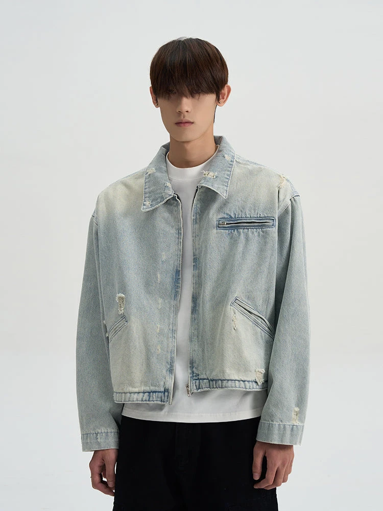 Distressed Mid-Crop Faded Denim Zip-Up Jacket 1 Distressed Mid-Crop Faded Denim Zip-Up Jacket