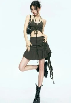 Tie-Up Crop Top And Ruffled Skirt Three-Piece Set -Modern Wear Shop 2dca449459d9da2f1f83707d1ddc7bce