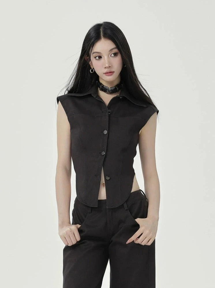 Sleeveless Collared Button-Up Waistcoat Top 6 Sleeveless Collared Button-Up Waistcoat Top - Image 6