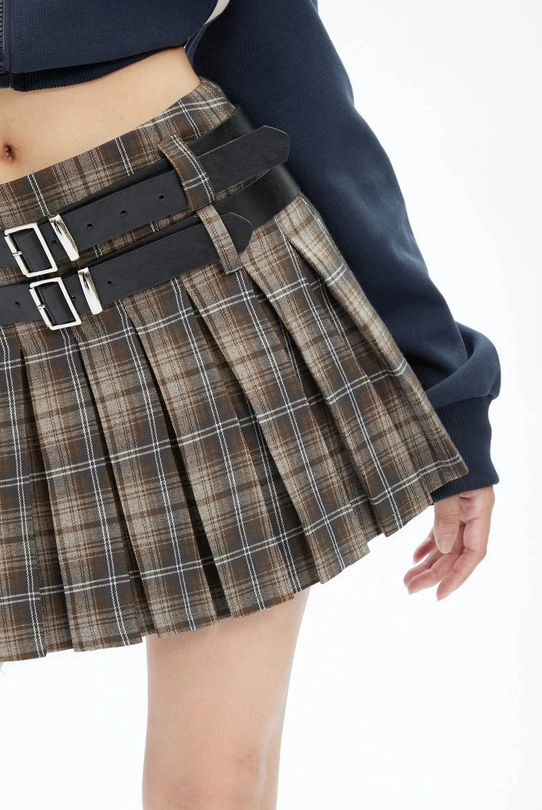Plaid Pleated Double-Belted Mini Skirt 3 Plaid Pleated Double-Belted Mini Skirt - Image 3